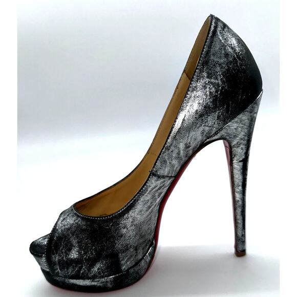 CHRISTIAN LOUBOUTIN Metallizzato Palais Royal 140 Platform Peep Toe 37 Silver - Picture 8 of 14